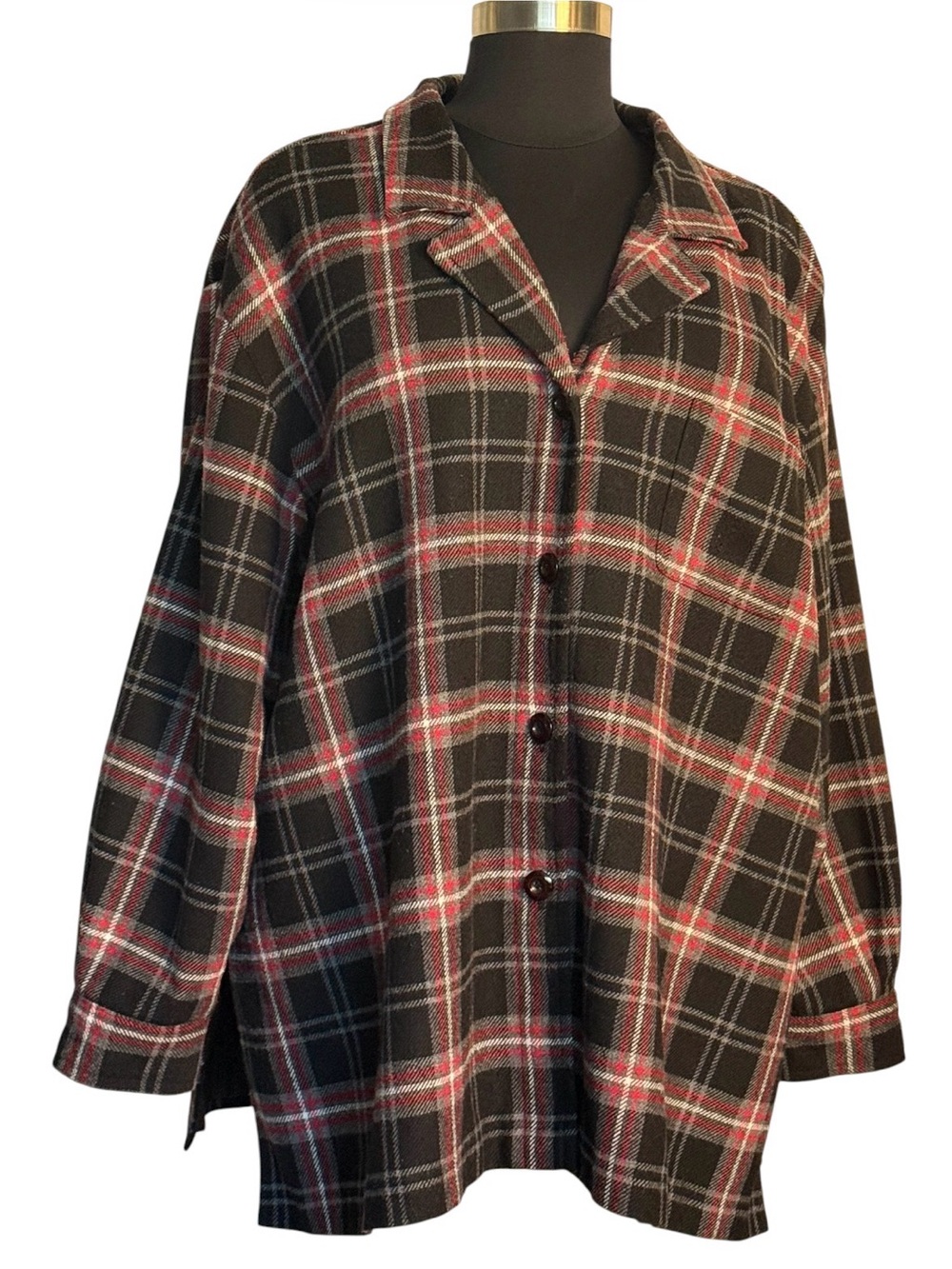 VTG Avenue Black Plaid Button-Front oversized Jacket with maroon Accents lined